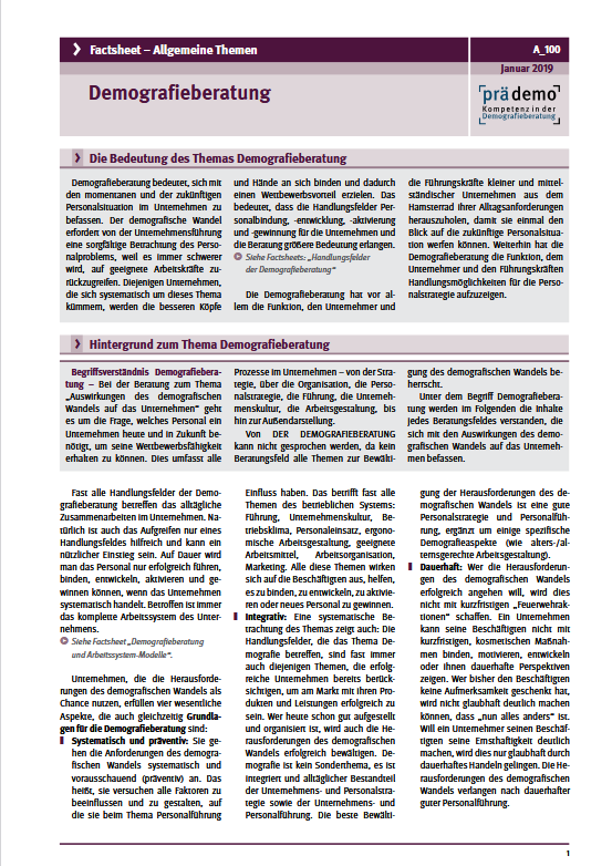 Factsheets Kompetenz in der Demografieberatung - die prädemo-Factsheets